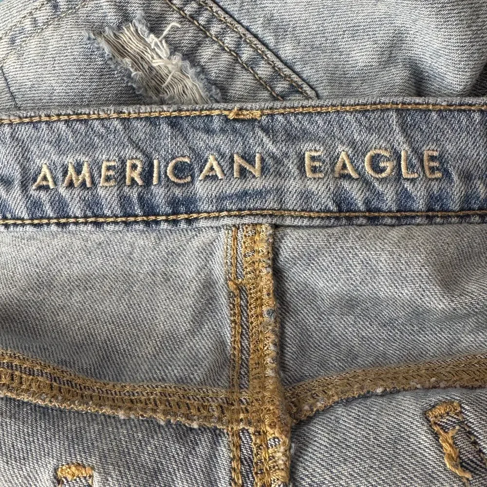 American Eagle SZ 10 Skater Jeans Wide-Leg Distressed Rips Zip-Fly Hi-Rise Blue - Picture 9 of 12